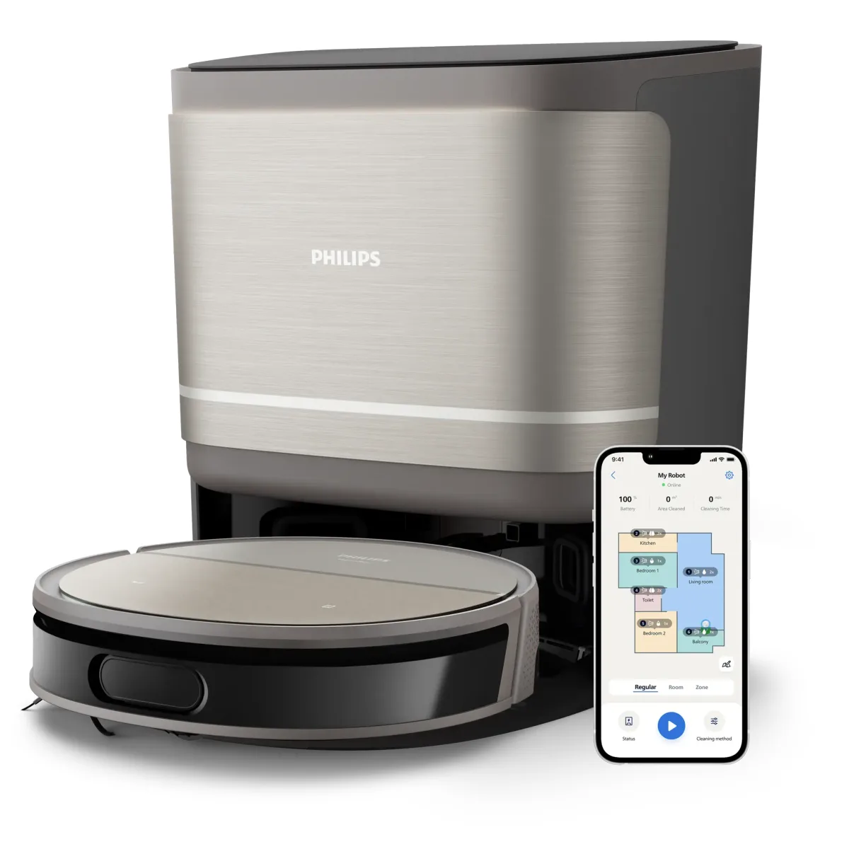 Philips Série 9000 Aspirateur robot Aspirateur 5-en-1 avec station, Métal